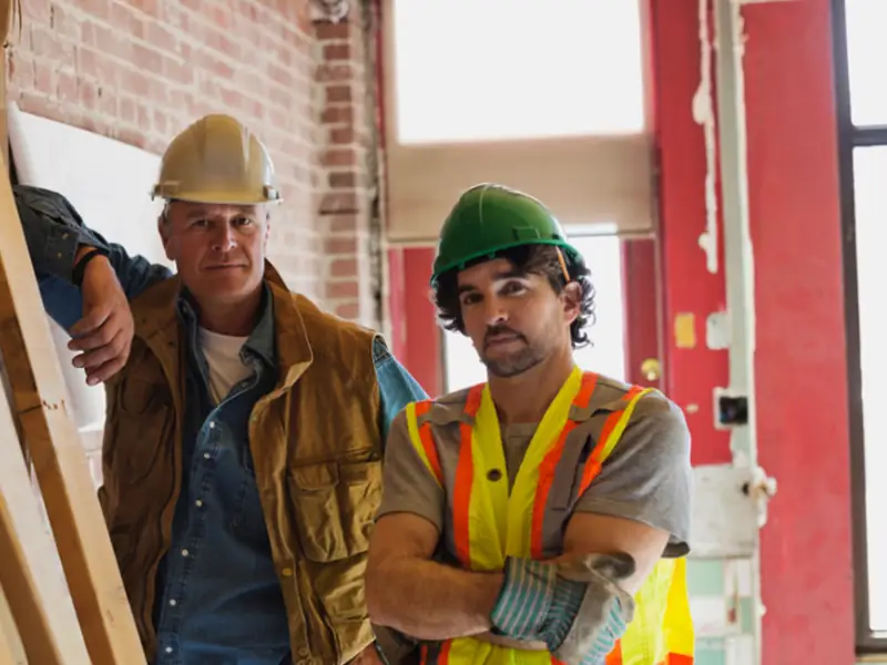 Two tradespeople in hard hats and hi-vis standing on a building site